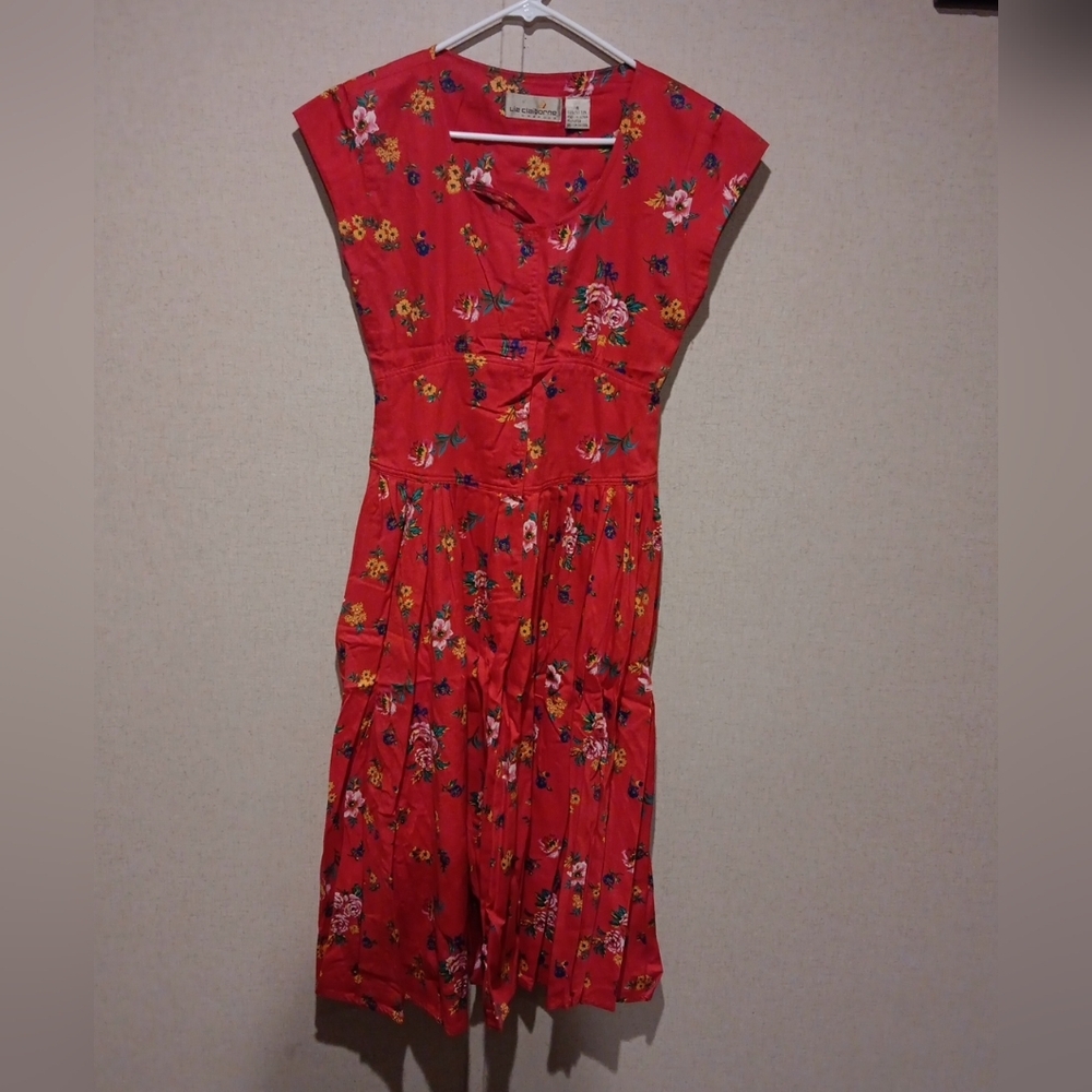 Vintage 90s Liz Claiborne Size 4 Dress Floral Midi Red Floral Cap Sleeve Cotton